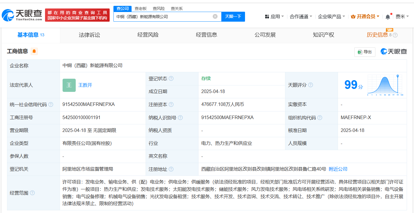 中國(guó)鋁業(yè)集團(tuán)等在西藏成立新能源公司 注冊(cè)資本約47.7億 布局風(fēng)電場(chǎng)系統(tǒng)研發(fā)